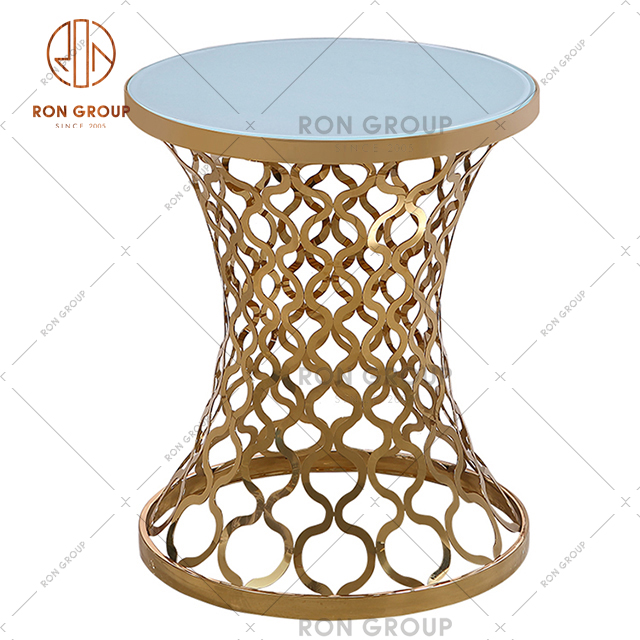 Elegant  Luxury Style Round Wedding Glass Dining Table With Golden Stainless Steel Hollow-carved Base 